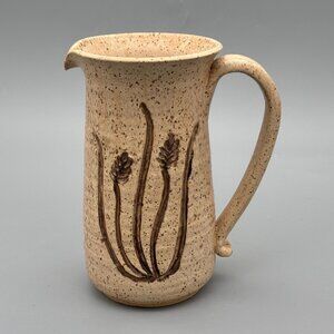 Vintage Studio Pottery Pitcher with Incised Wheat Design and Speckled Stoneware